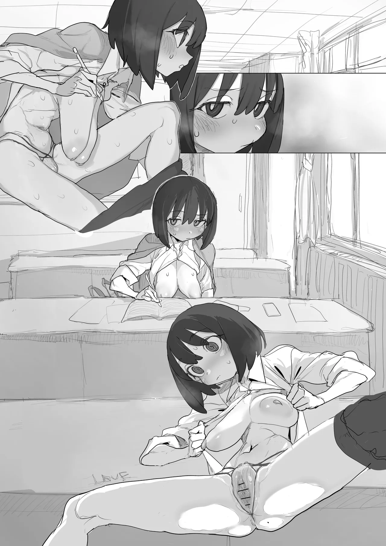 自習室で露出オナの練習してたら友達が来てピンチのルナちゃん Page.15