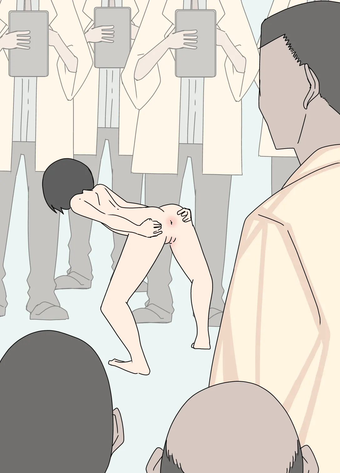 研究のために強制的に裸にされて浣腸された少女