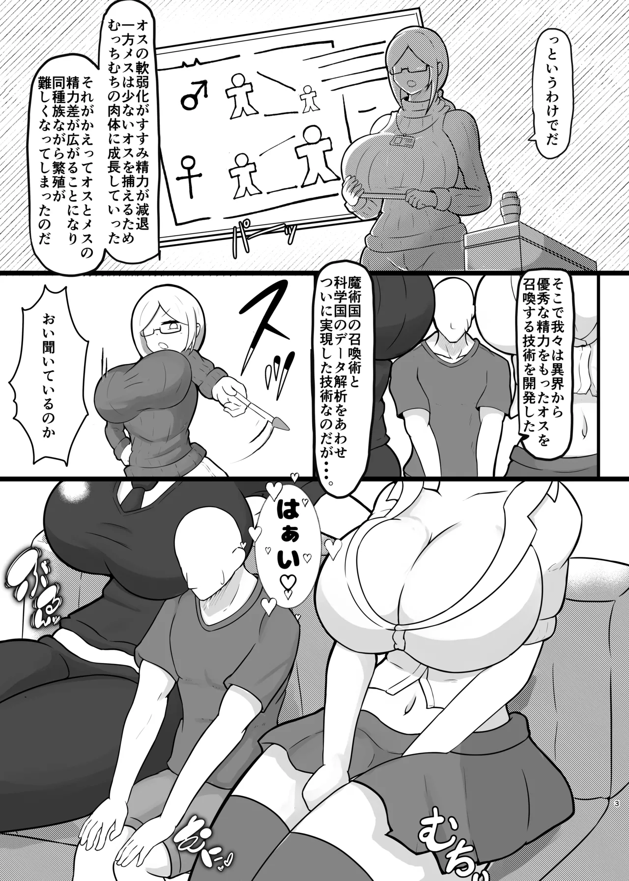 貴重な異世界精子を求めて300㎝オーバーの イケ女科学者とギャル魔法使いに搾精巨大化合戦される話。 Page.3