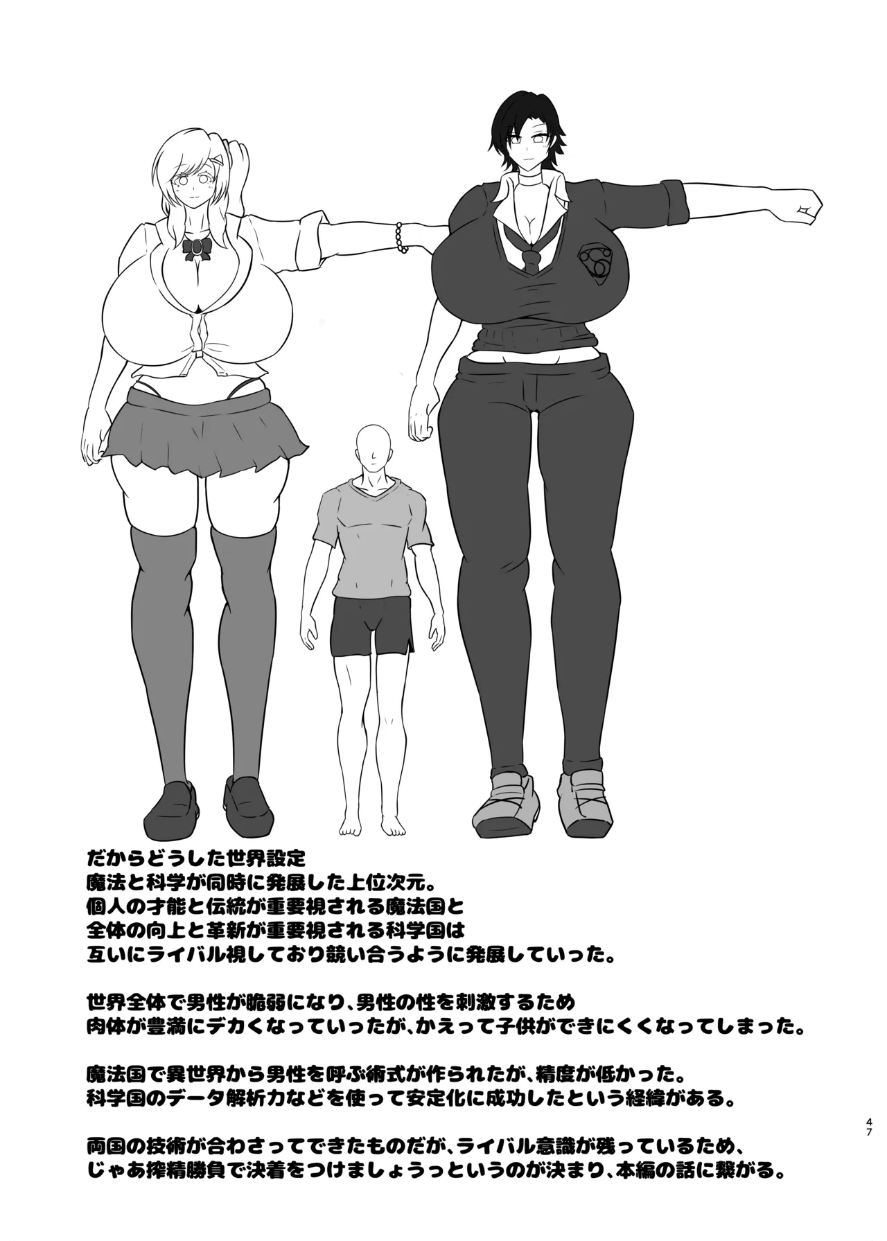 貴重な異世界精子を求めて300㎝オーバーの イケ女科学者とギャル魔法使いに搾精巨大化合戦される話。 Page.47